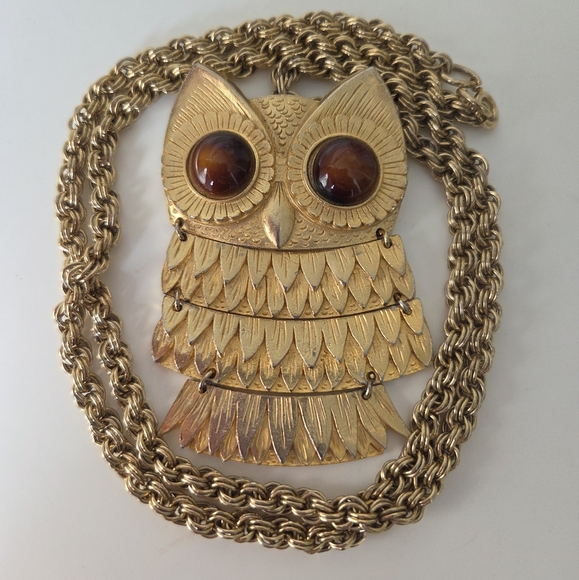 Gold Owl Pendant Necklace Pin - Picture 10 of 12